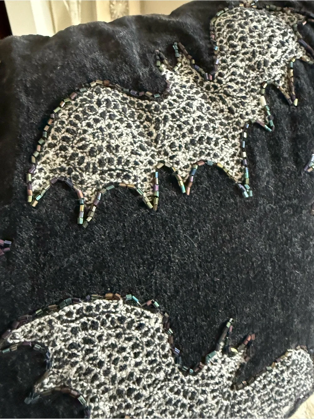 Bella Lux- black velvet pillow, bat hand sewn with iridescent beads